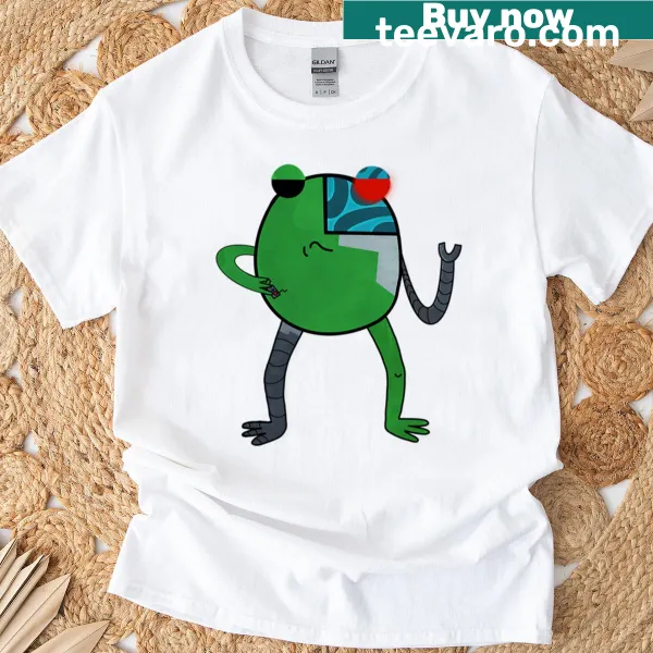 Playful cartoon-style T-shirt featuring a cyborg frog design.