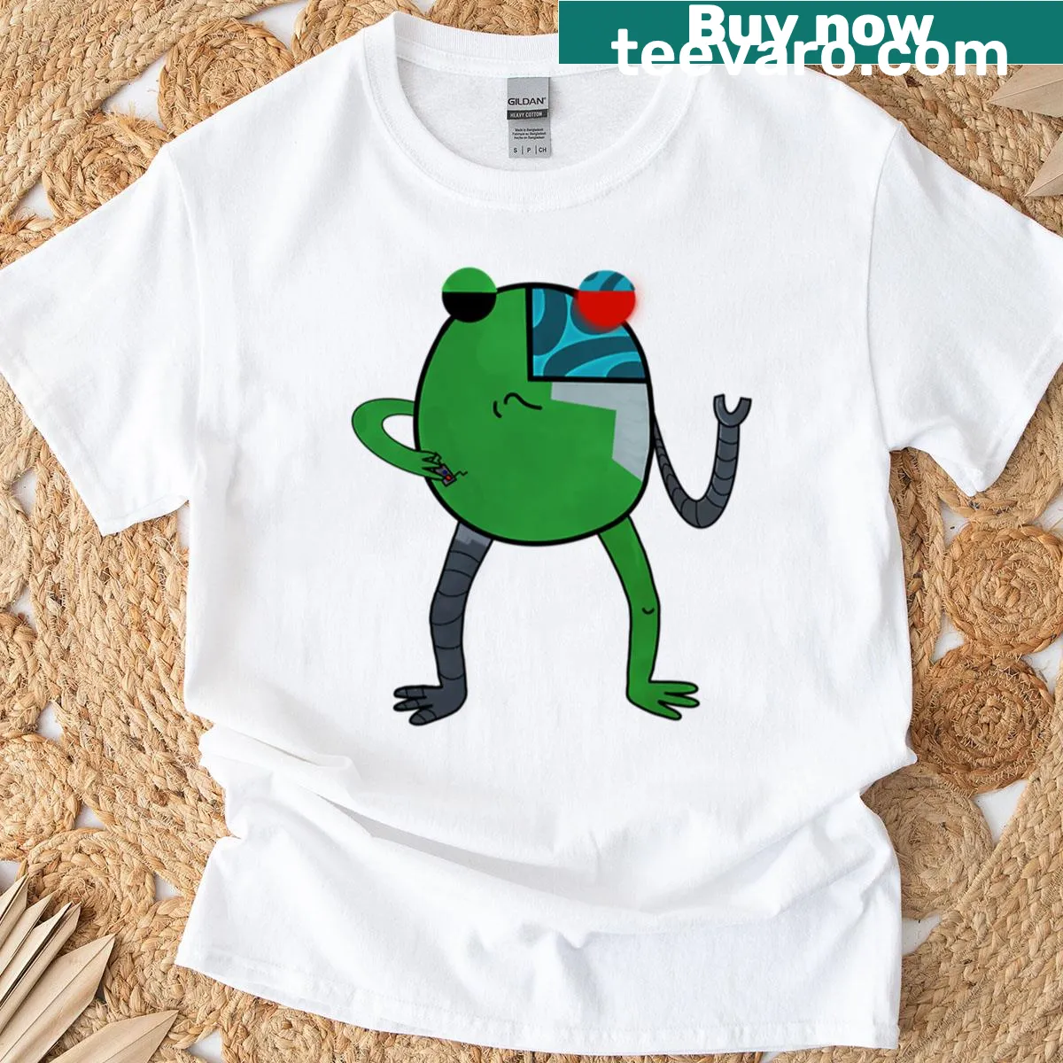 Playful cartoon-style T-shirt featuring a cyborg frog design. — on a men's t-shirt