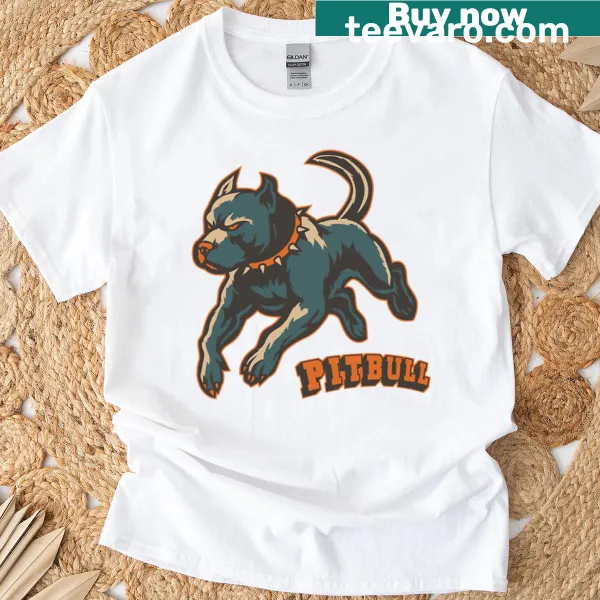 Illustration of a powerful leaping pitbull on a T-shirt