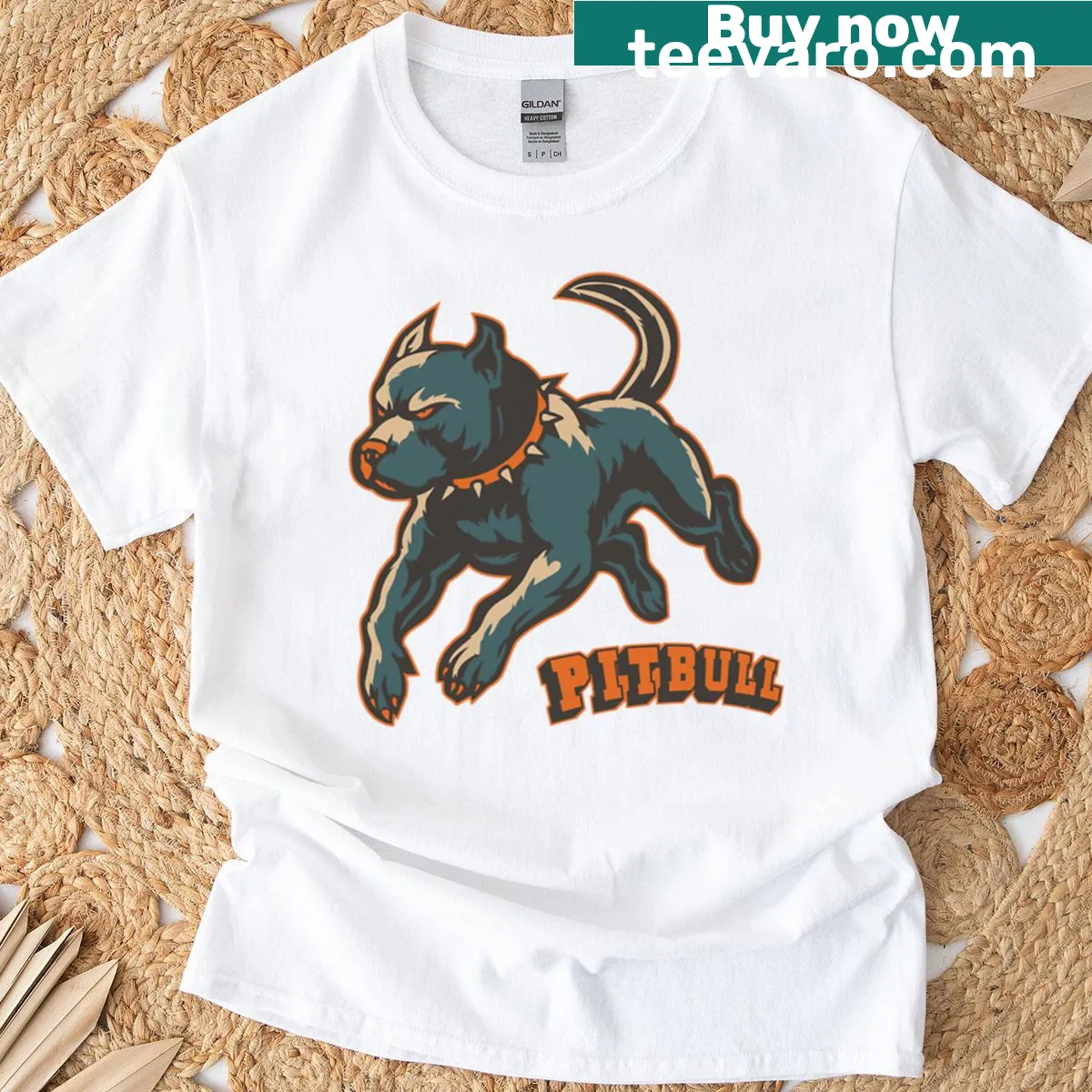 Illustration of a powerful leaping pitbull on a T-shirt — on a men's t-shirt