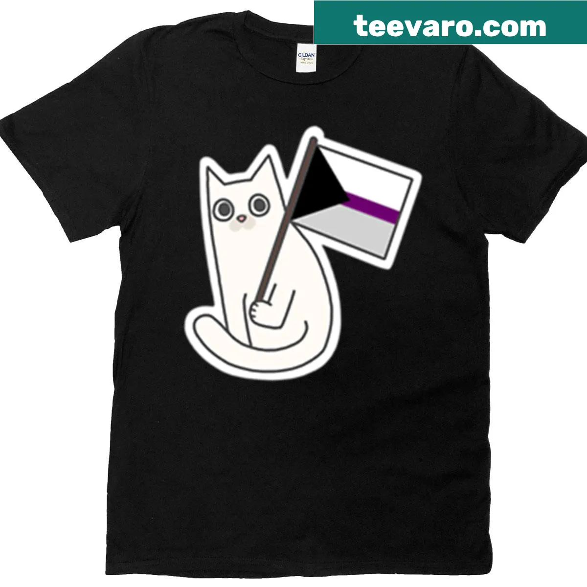 T-shirt featuring a white cat sticker with demisexual pride flag — on a men's t-shirt