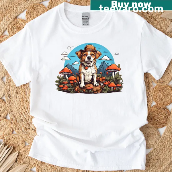 Cute illustration of a dog sitting on a mushroom on a t-shirt