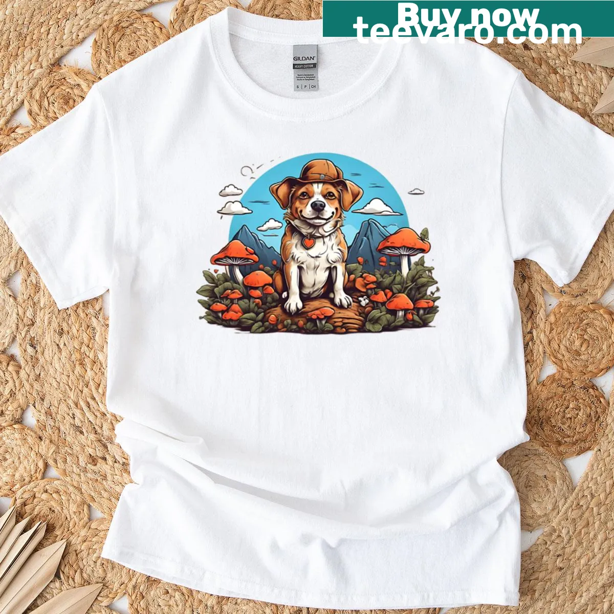 Cute illustration of a dog sitting on a mushroom on a t-shirt — on a men's t-shirt