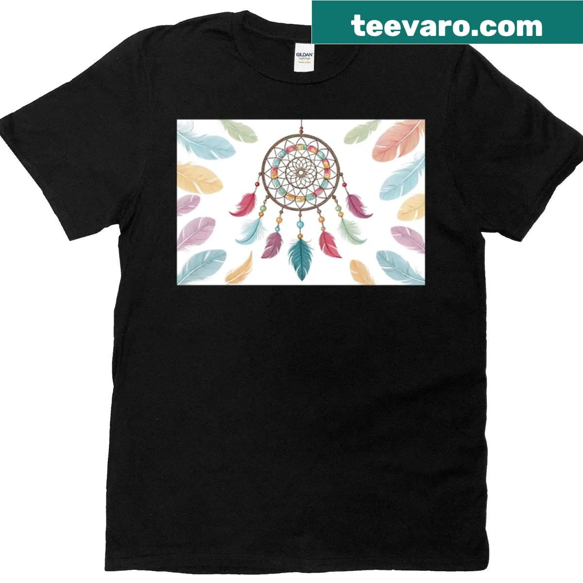 Intricate dream catcher design with feather details on a T-shirt — on a men's t-shirt