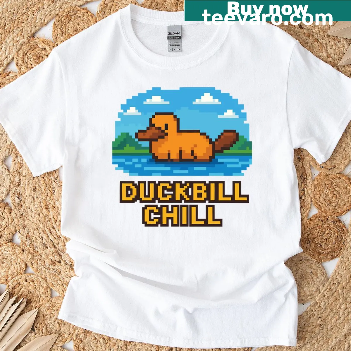 Cartoon pixel art of a platypus floating on a river — on a men's t-shirt