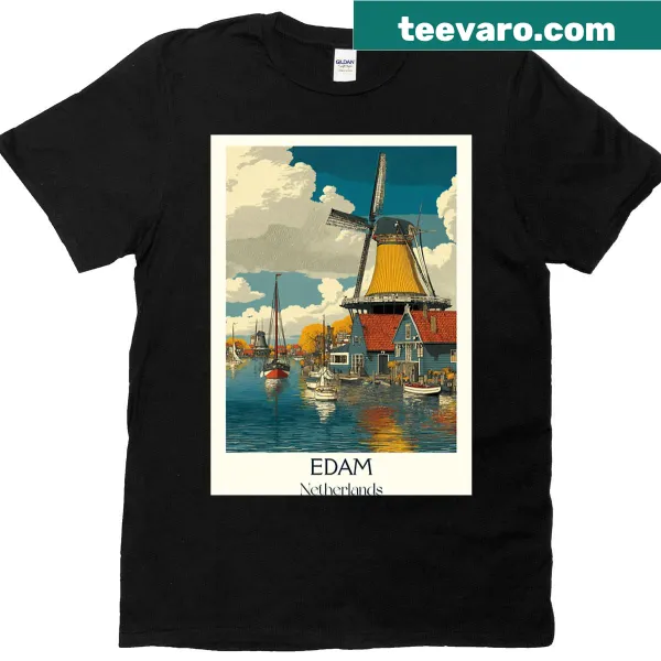Vintage Edam travel poster with windmill and canal art on a T-shirt
