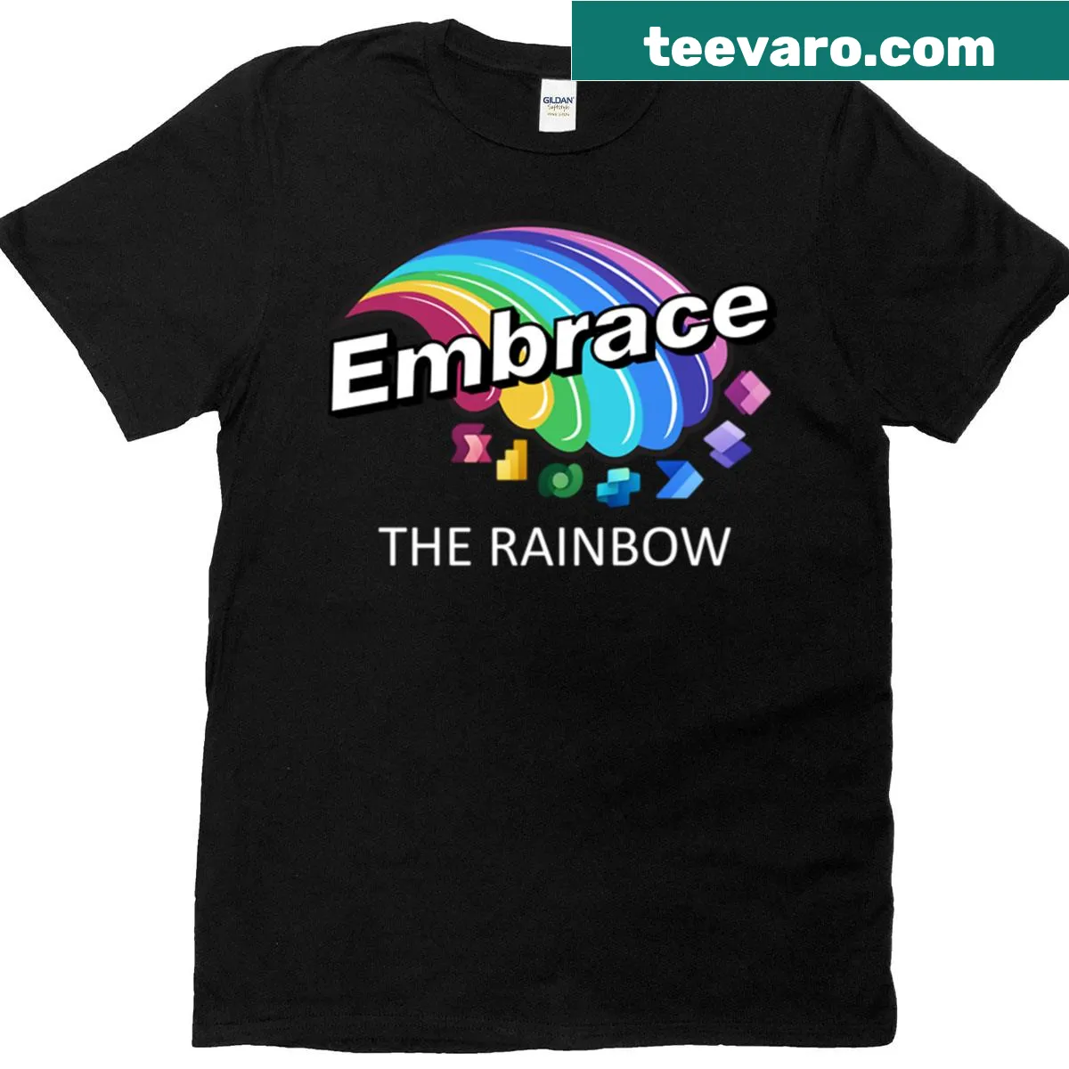 White text on a T-shirt saying 'Embrace The Rainbow' — on a men's t-shirt