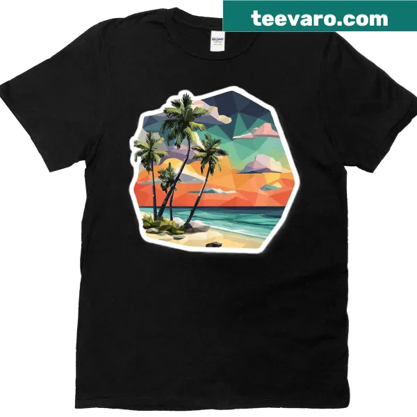 T-shirt featuring polygonal artwork of a surf sunset design