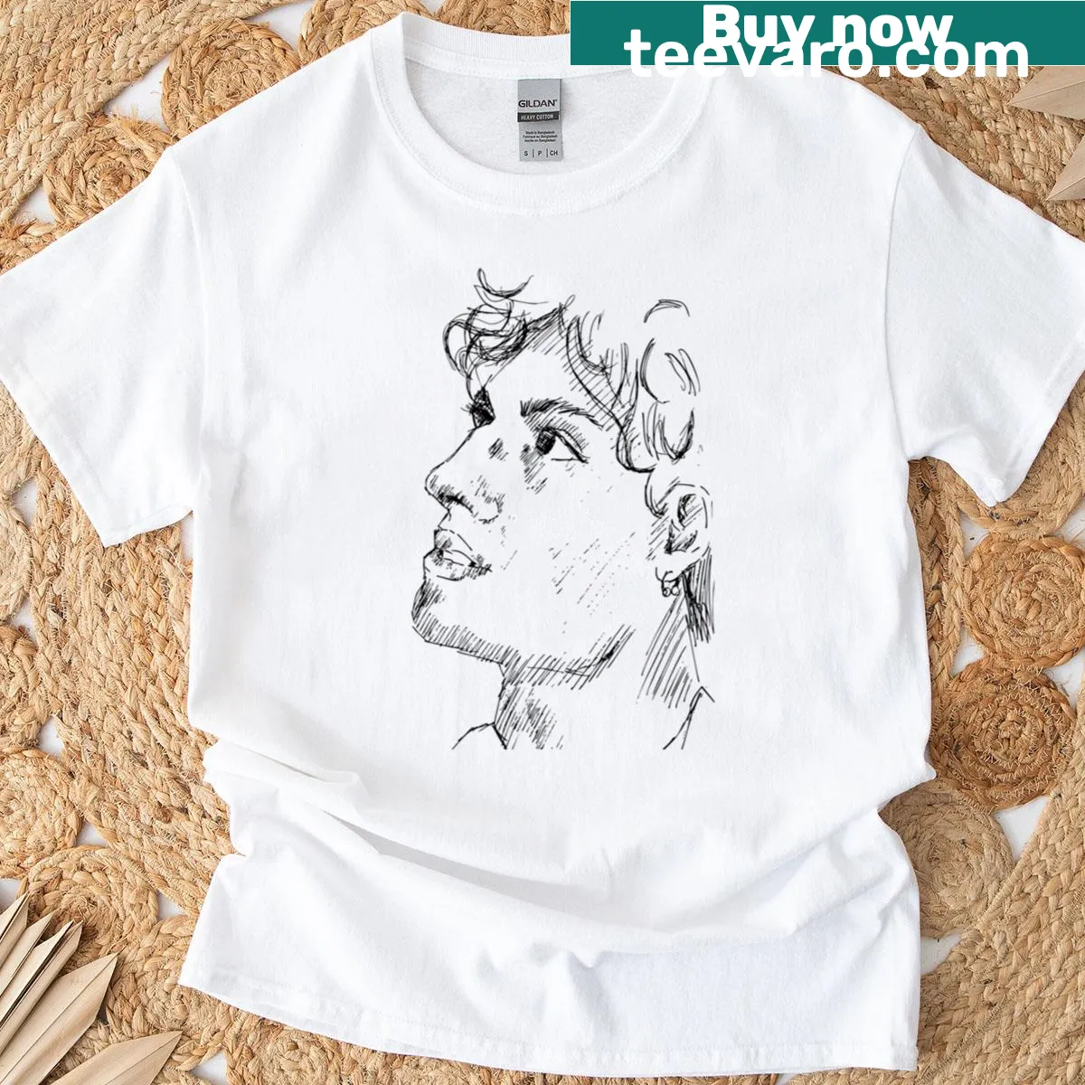 Illustration t-shirt featuring Enea Bastianini in MotoGP racing — on a men's t-shirt
