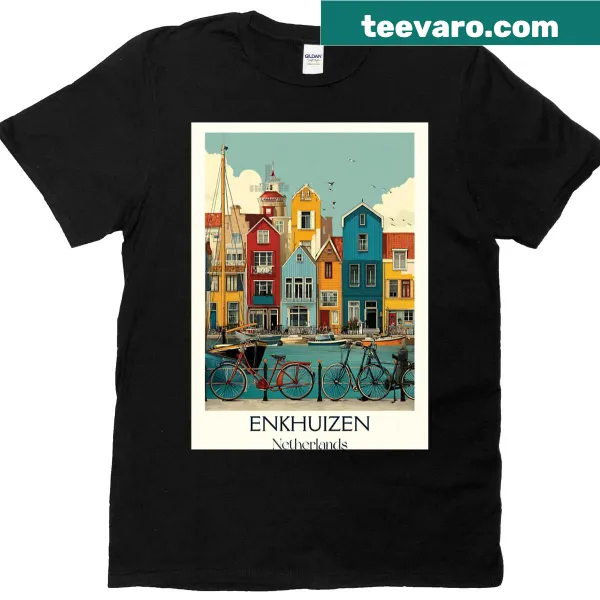 Vintage Enkhuizen travel poster with bicycles on a T-shirt
