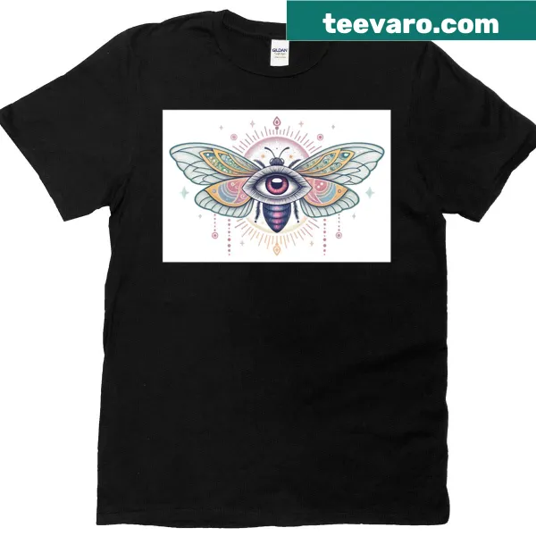 Surreal illustration of an eye with insect wings on a T-shirt