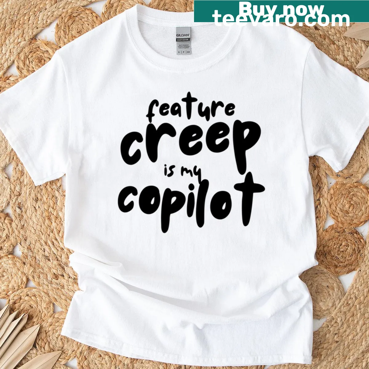 Funny T-shirt with the phrase 'Feature Creep Is My Copilot' for gamers — on a men's t-shirt