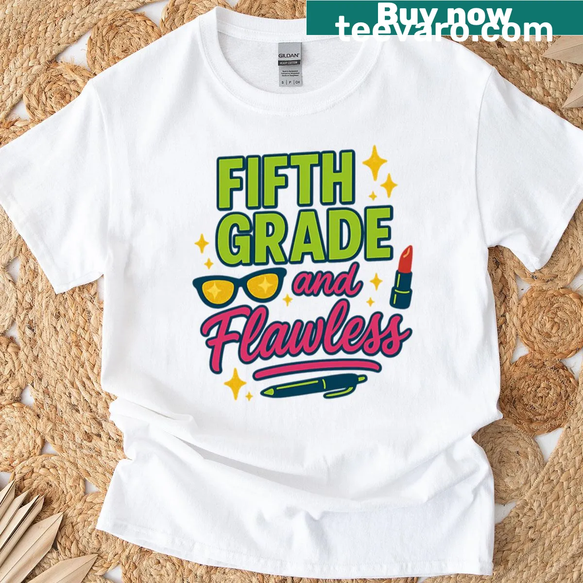 Fifth Grade And Flawless t-shirt with playful typography — on a men's t-shirt