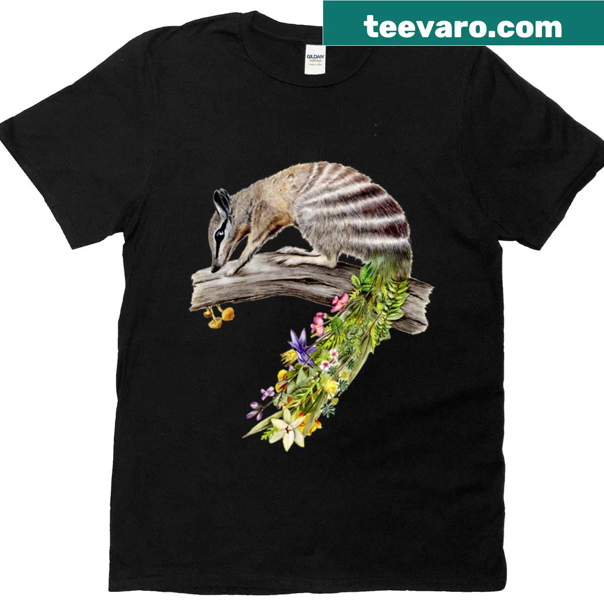 Charming illustration of a numbat surrounded by floral elements on a t-shirt. — on a men's t-shirt