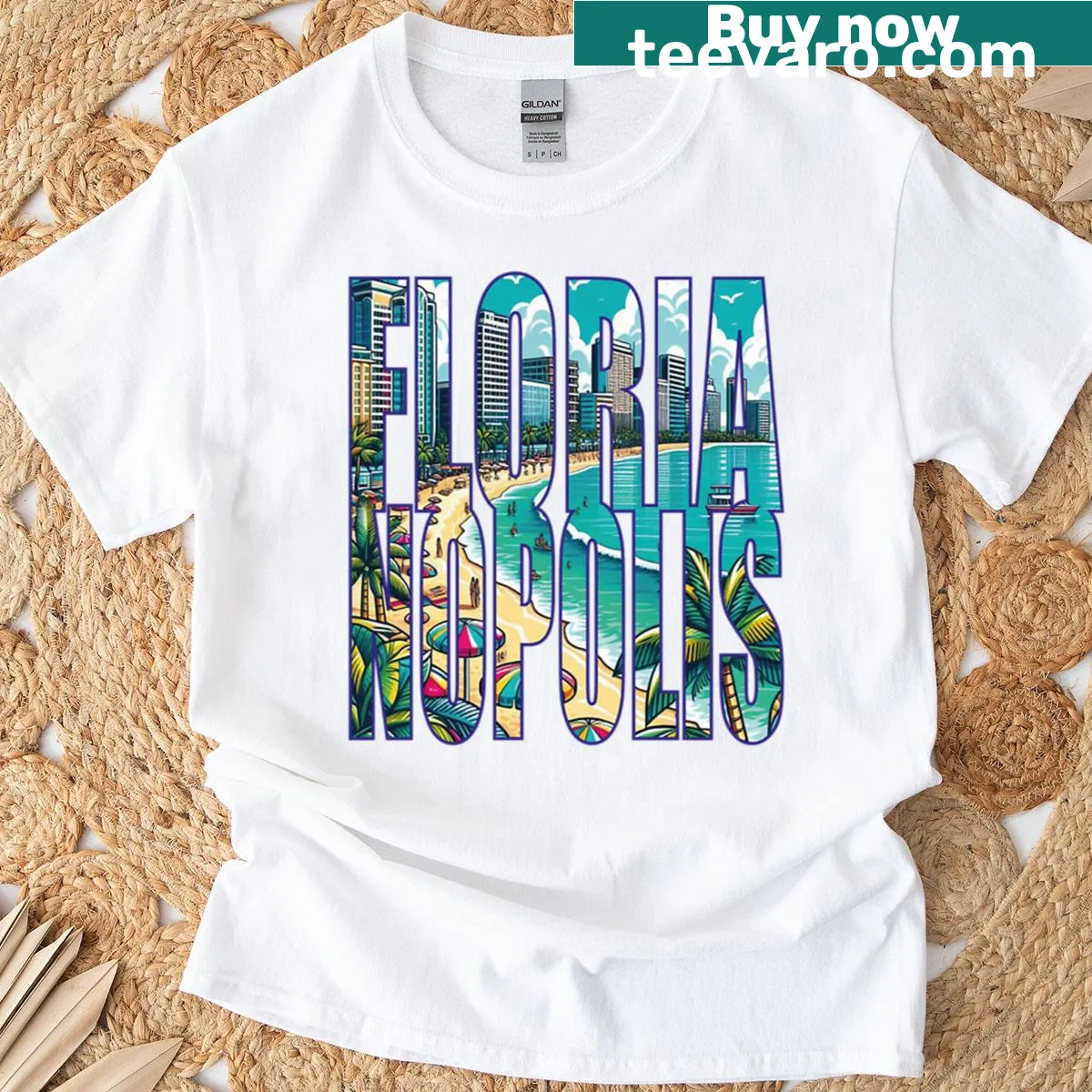 Vintage-inspired Florianopolis beach scene T-shirt — on a men's t-shirt