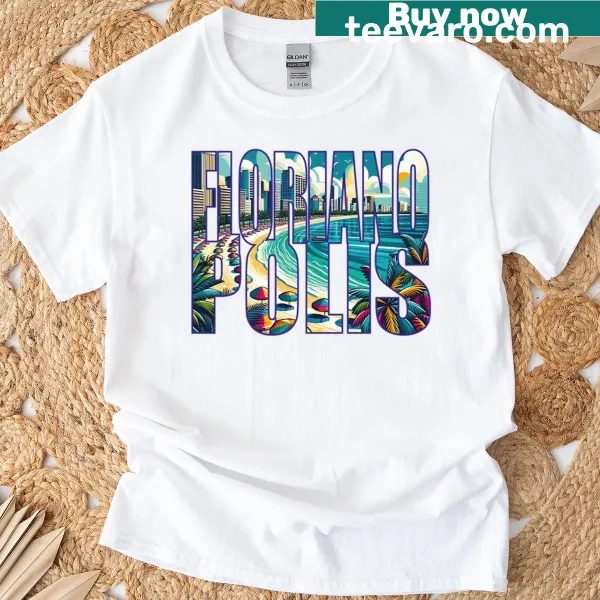Retro summer tee featuring a coastal graphic of an island beach getaway