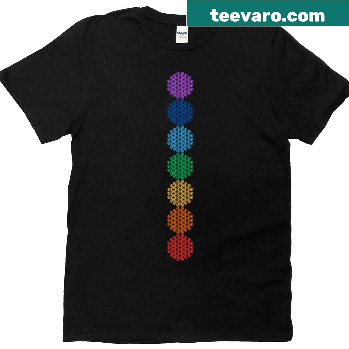Flower of Life Chakra design T-shirt with intricate patterns — on a men's t-shirt