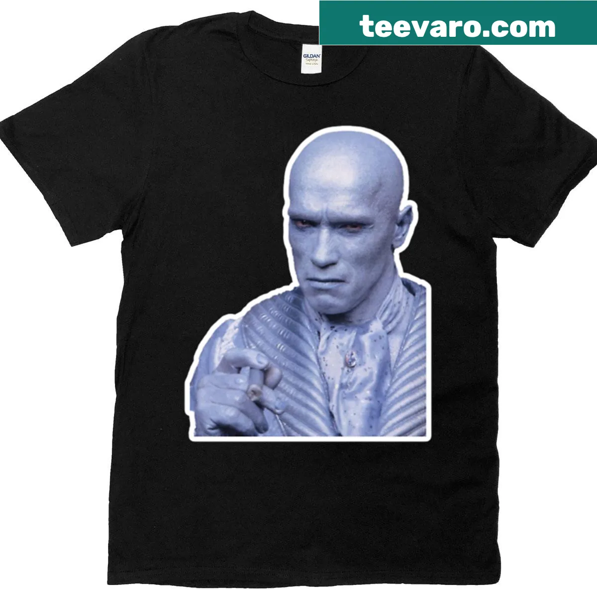 Graphic t-shirt featuring 'Freeze Cigar III' sticker design — on a men's t-shirt