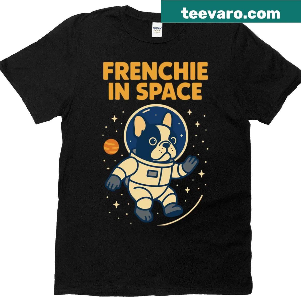 Whimsical French bulldog astronaut design on a playful T-shirt — on a men's t-shirt