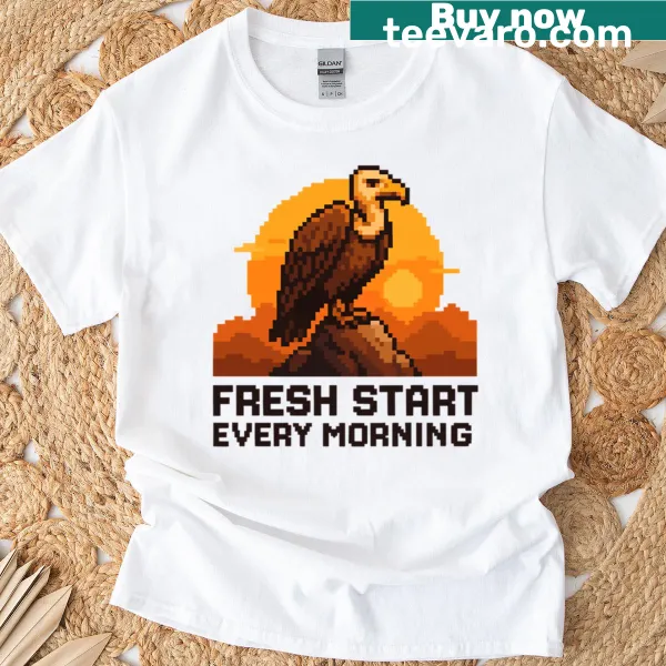 Pixel art vulture with sunrise scene on T-shirt