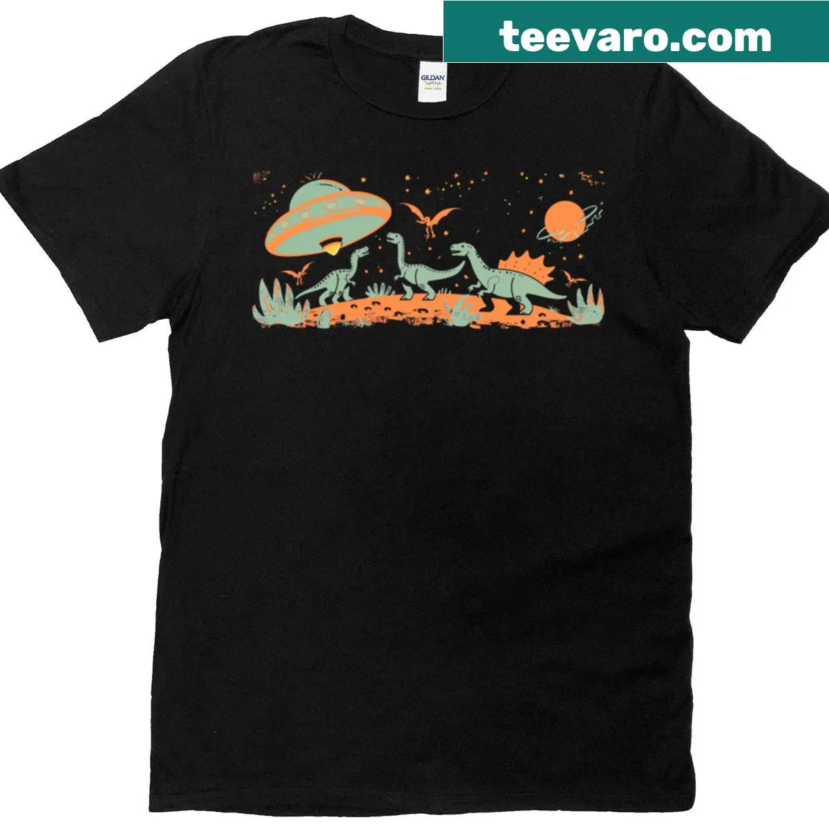 Whimsical illustration of a dinosaur and a UFO on a t-shirt — on a men's t-shirt