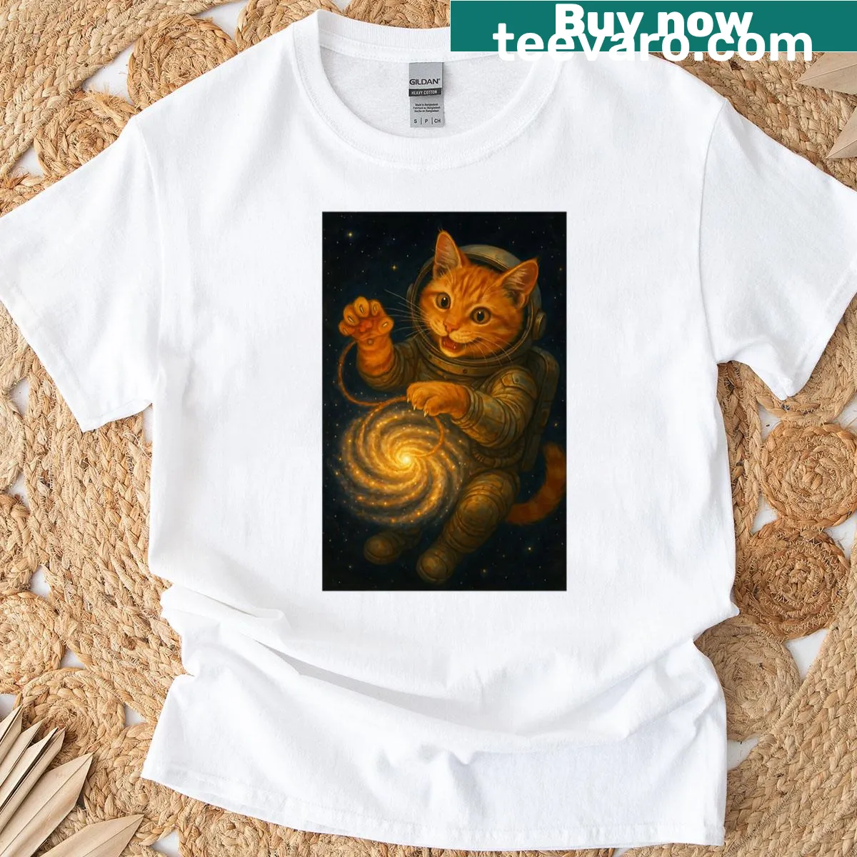Illustrative T-shirt of an astronaut cat in space — on a men's t-shirt
