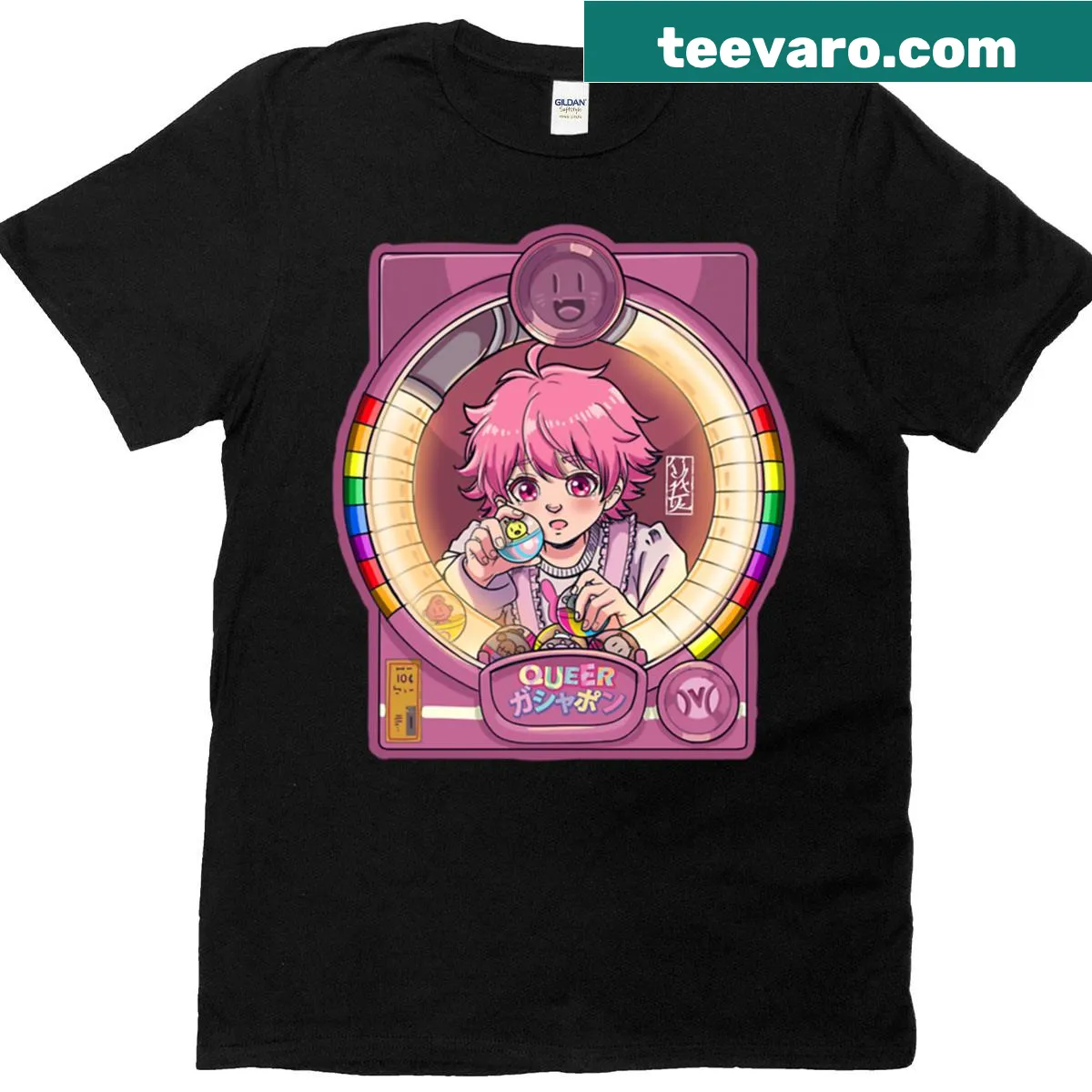 Typography design celebrating gashapon culture on a t-shirt — on a men's t-shirt