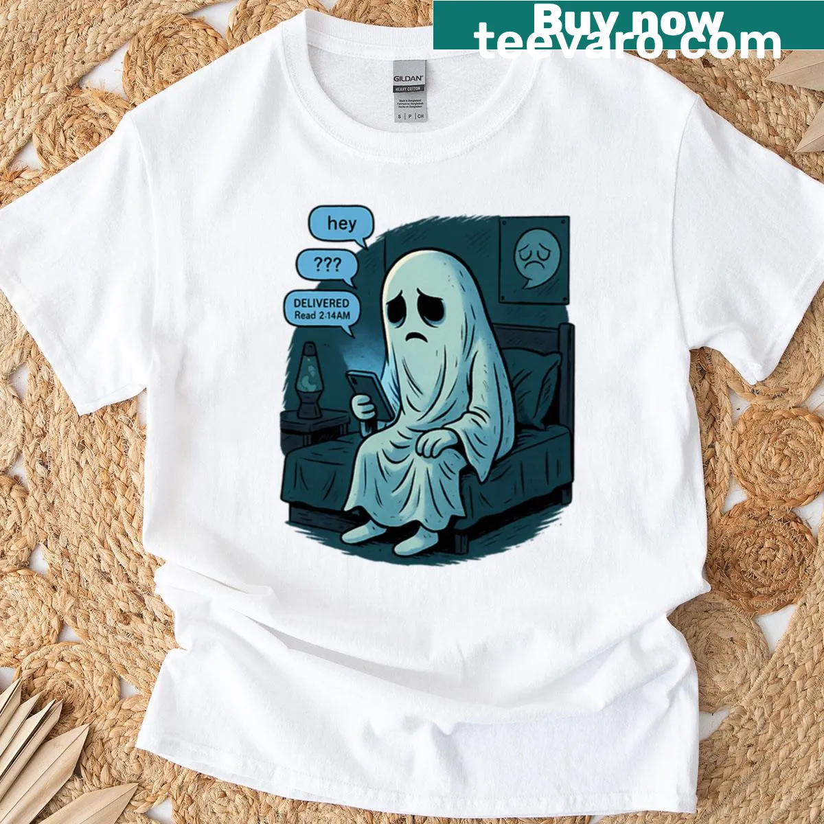 Funny 'ghosted again' Halloween t-shirt with playful text design — on a men's t-shirt