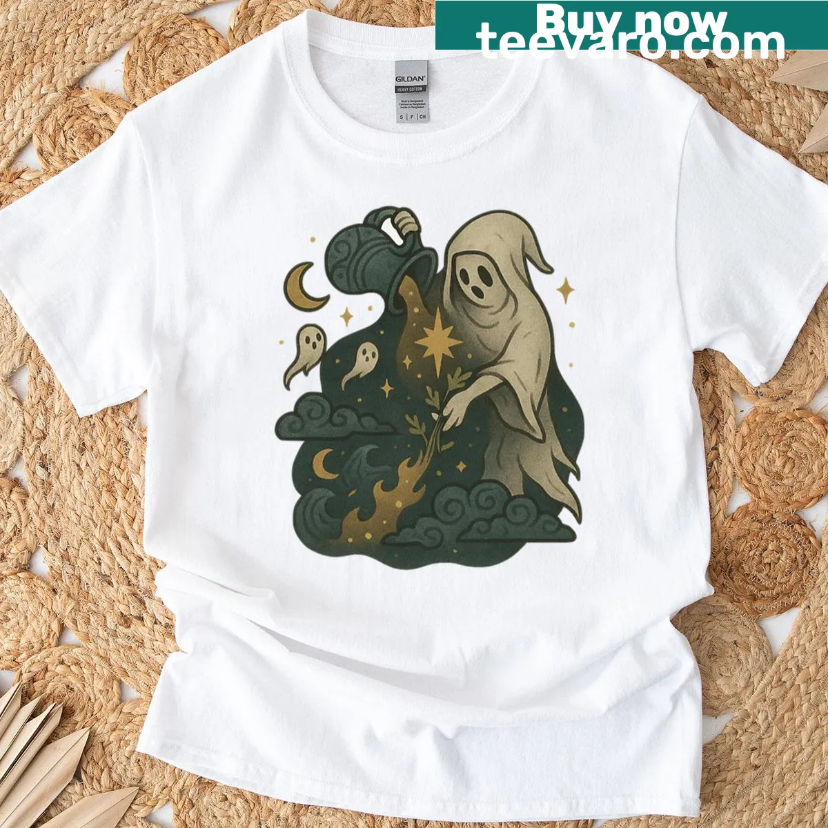 Whimsical Ghostly Aquarius t-shirt featuring Halloween zodiac art — on a men's t-shirt