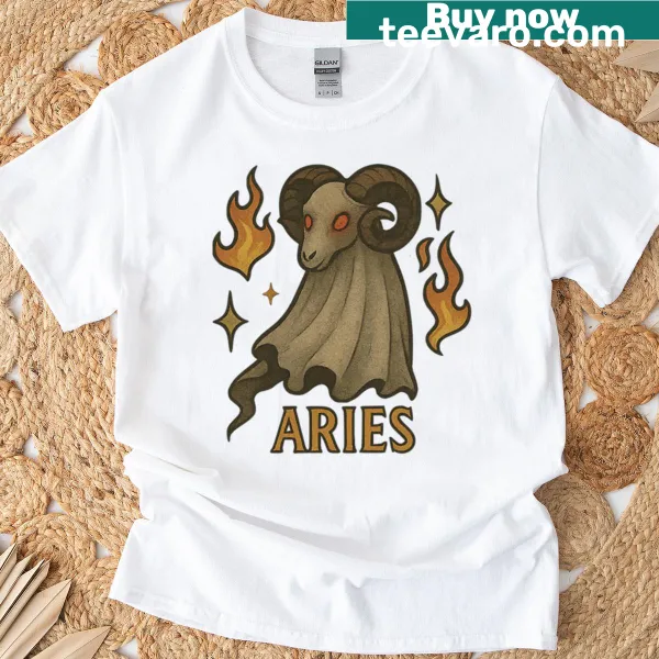 Playful Ghostly Aries Ram t-shirt with Halloween zodiac art