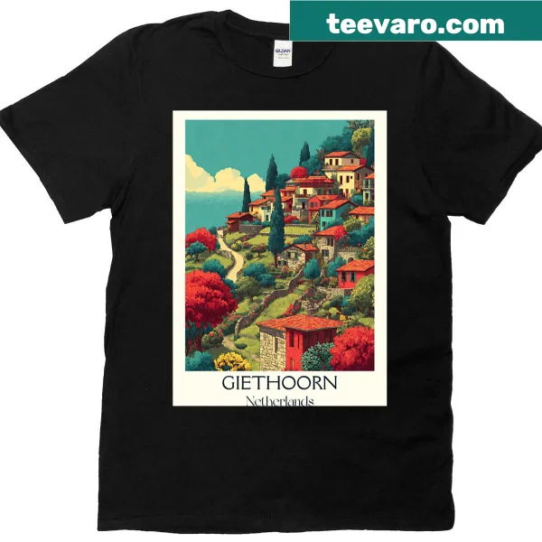 Vintage Giethoorn travel poster t-shirt featuring canals and retro art