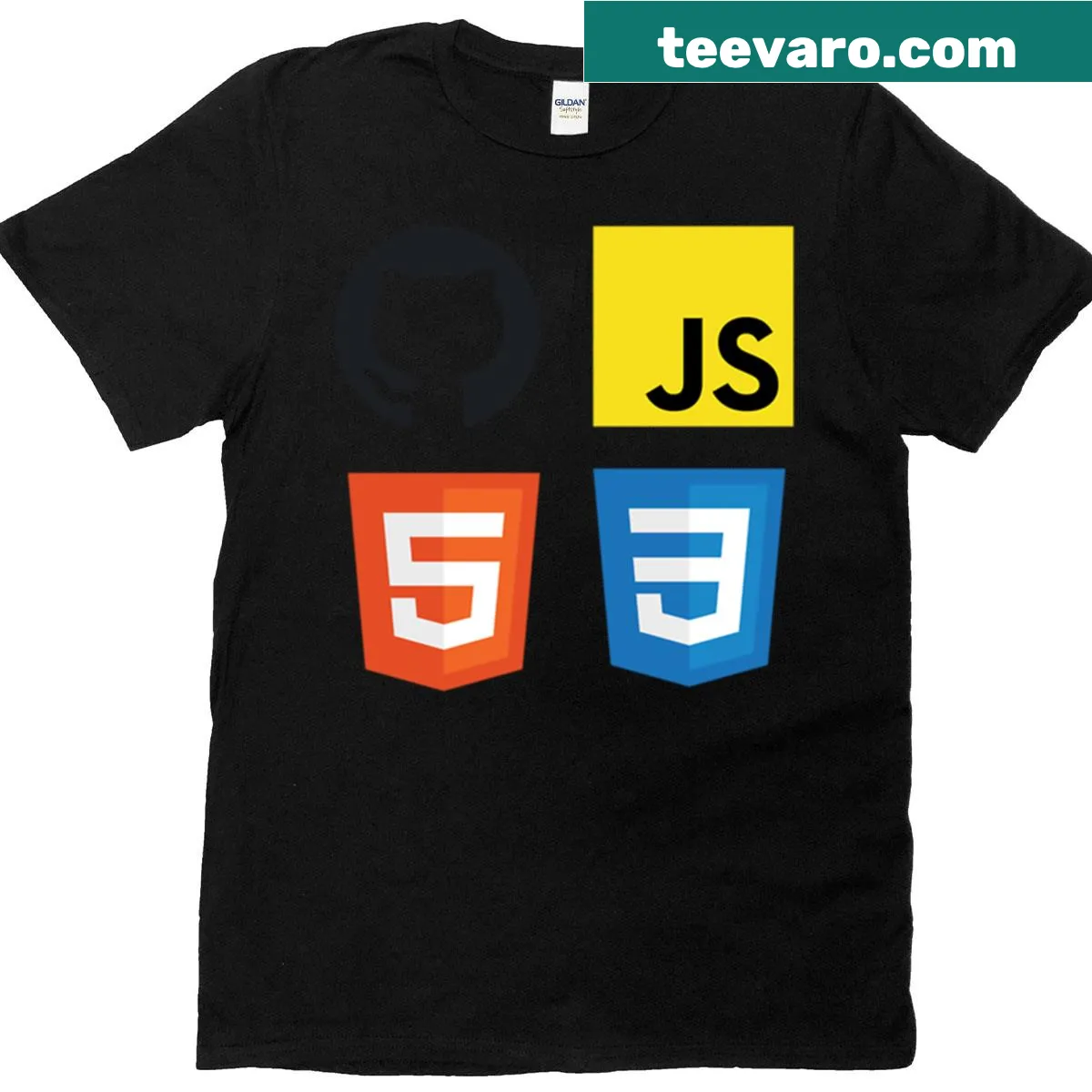 T-shirt featuring programming languages JavaScript, HTML, CSS, and the GitHub logo. — on a men's t-shirt