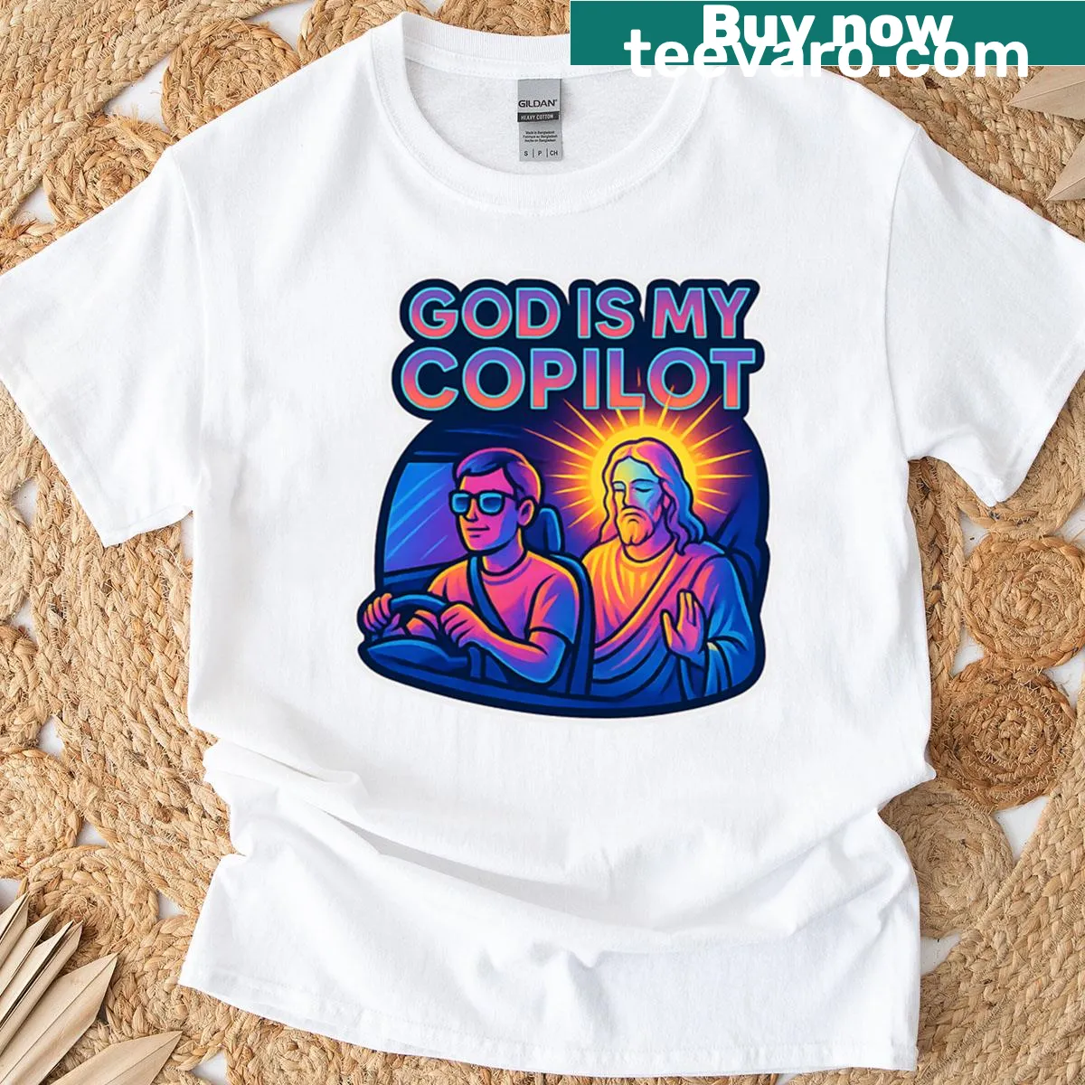 Inspirational shirt with 'God is My Copilot' text — on a men's t-shirt