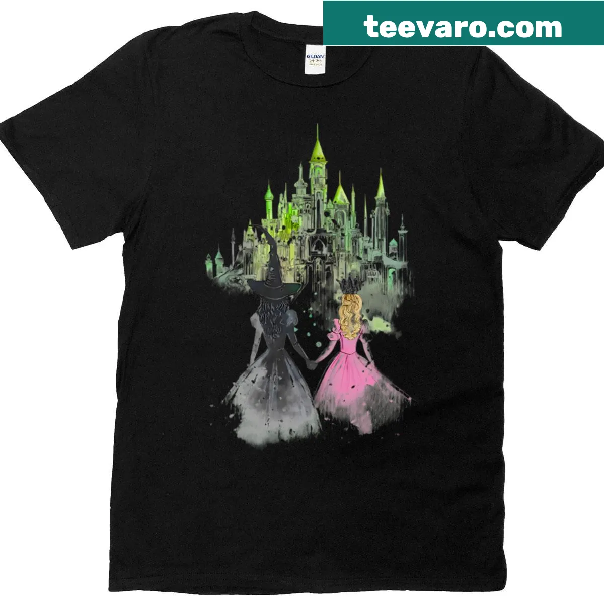 Whimsical t-shirt featuring Good Witch and Wicked Witch with Emerald City — on a men's t-shirt