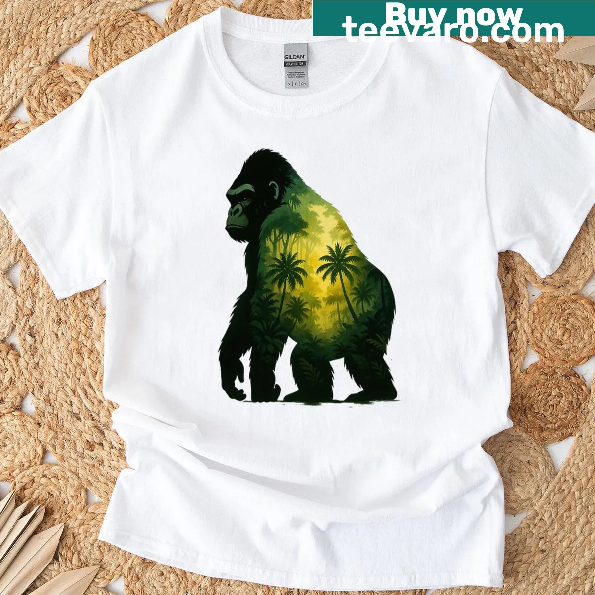 Artistic double exposure gorilla and jungle design on t-shirt — on a men's t-shirt