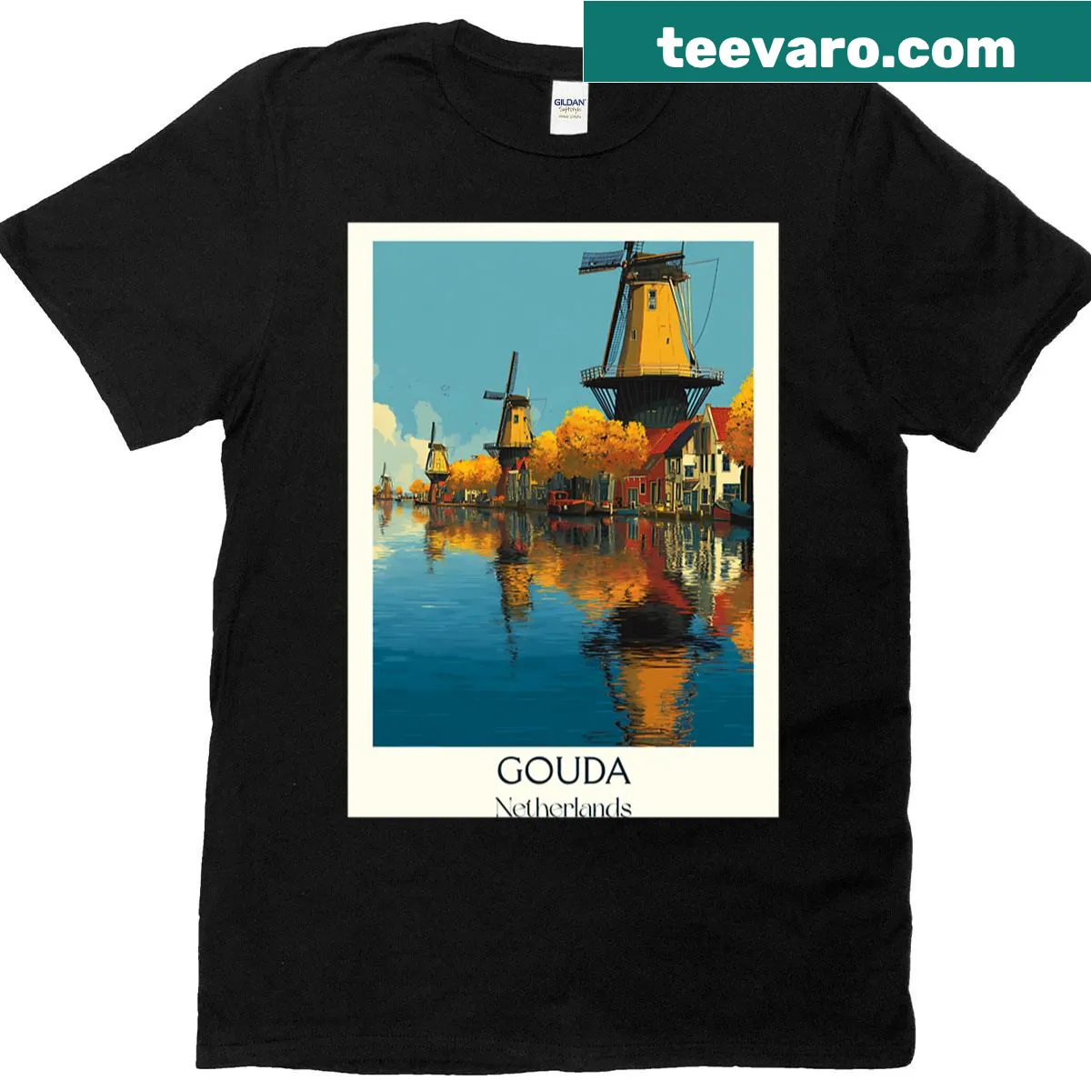 Vintage travel poster design featuring a windmill and sunset in Gouda — on a men's t-shirt