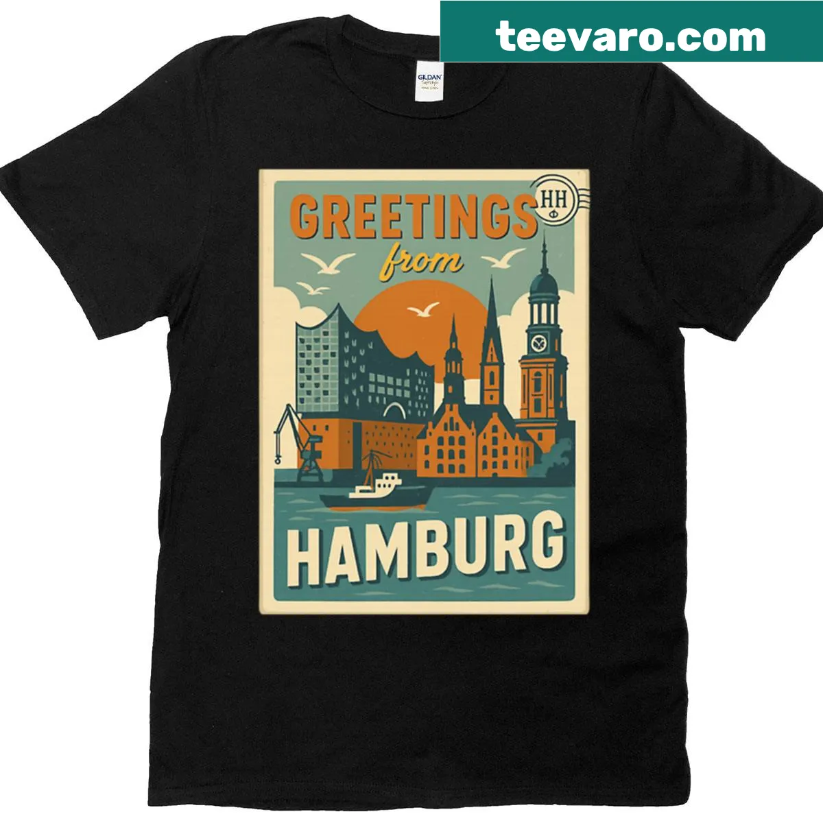 Vintage Hamburg skyline graphic t-shirt in a distressed style. — on a men's t-shirt