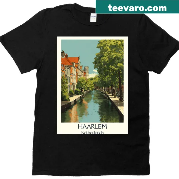 Vintage Haarlem travel poster T-shirt featuring a serene canal