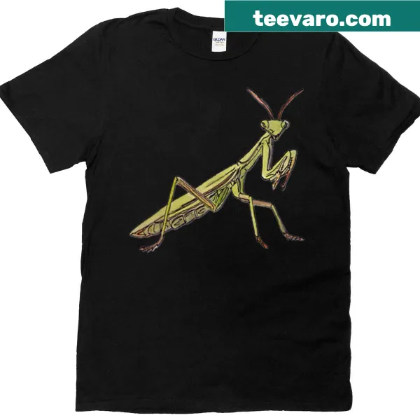 Hand-drawn praying mantis graphic on a T-shirt