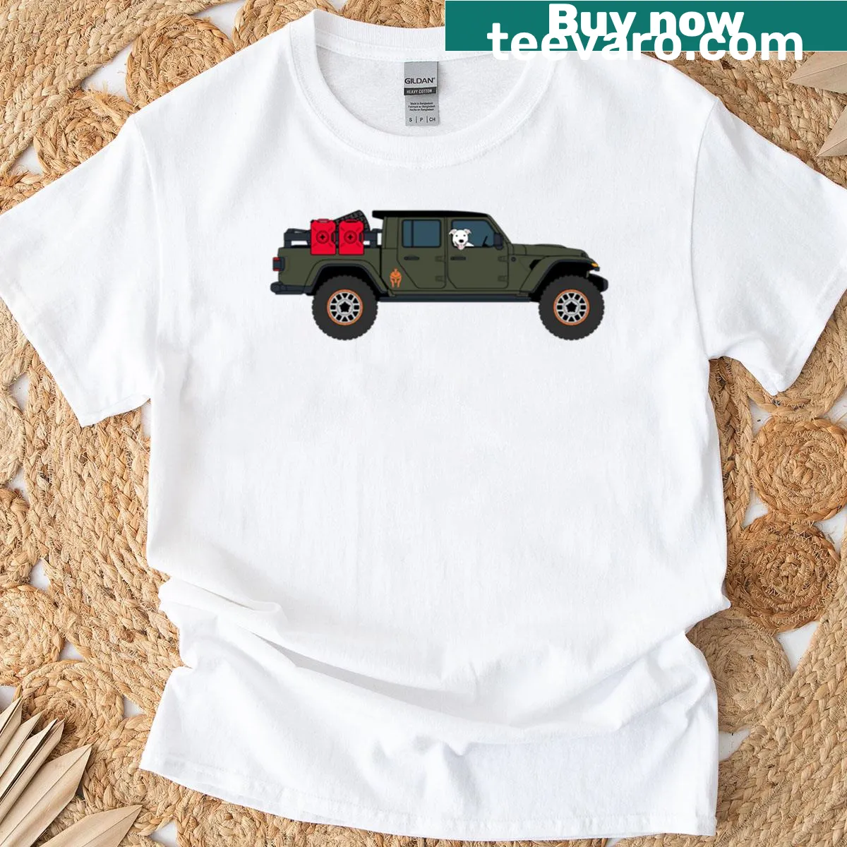 Playful graphic of a happy dog as copilot in a 4x4 — on a men's t-shirt