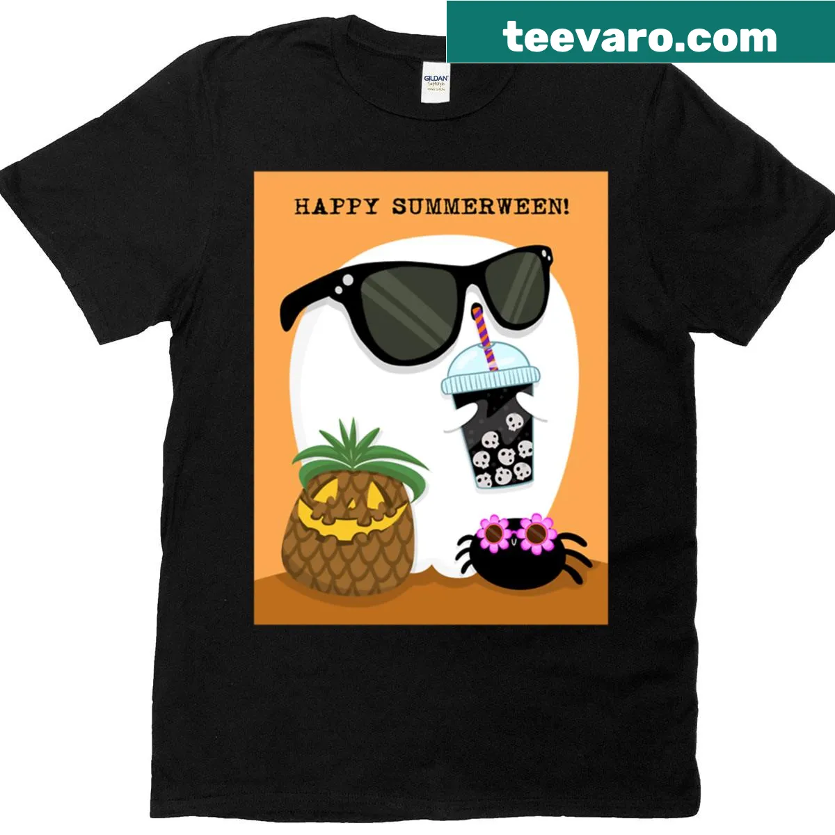 T-shirt with the phrase Happy Summerween in playful typography — on a men's t-shirt