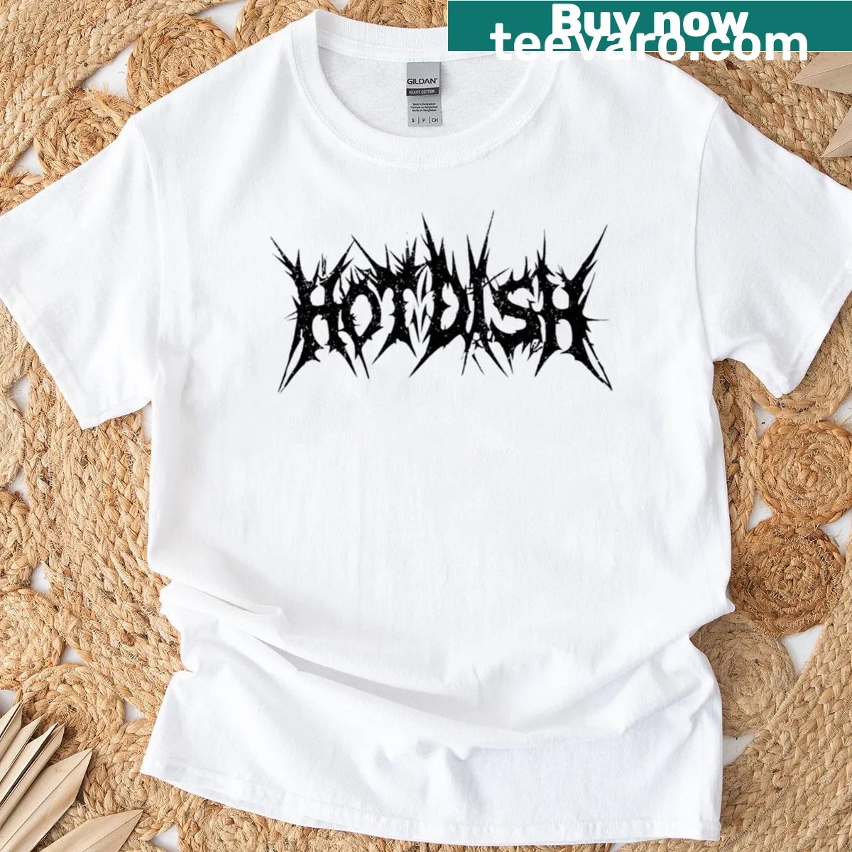 Hotdish-themed T-shirt with spiked metal logo — on a men's t-shirt