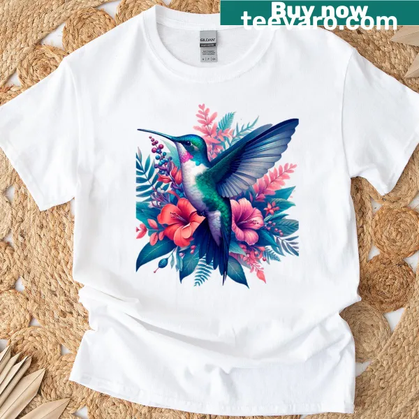 Hummingbird and flowers detailed illustration on a t-shirt