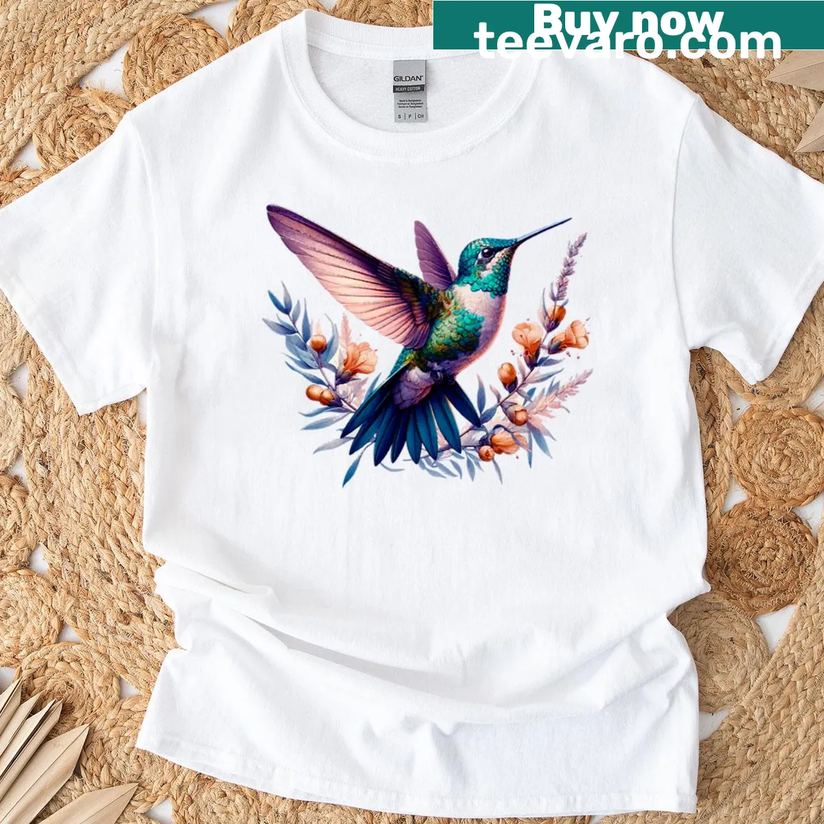Detailed illustration of a hummingbird on a t-shirt — on a men's t-shirt