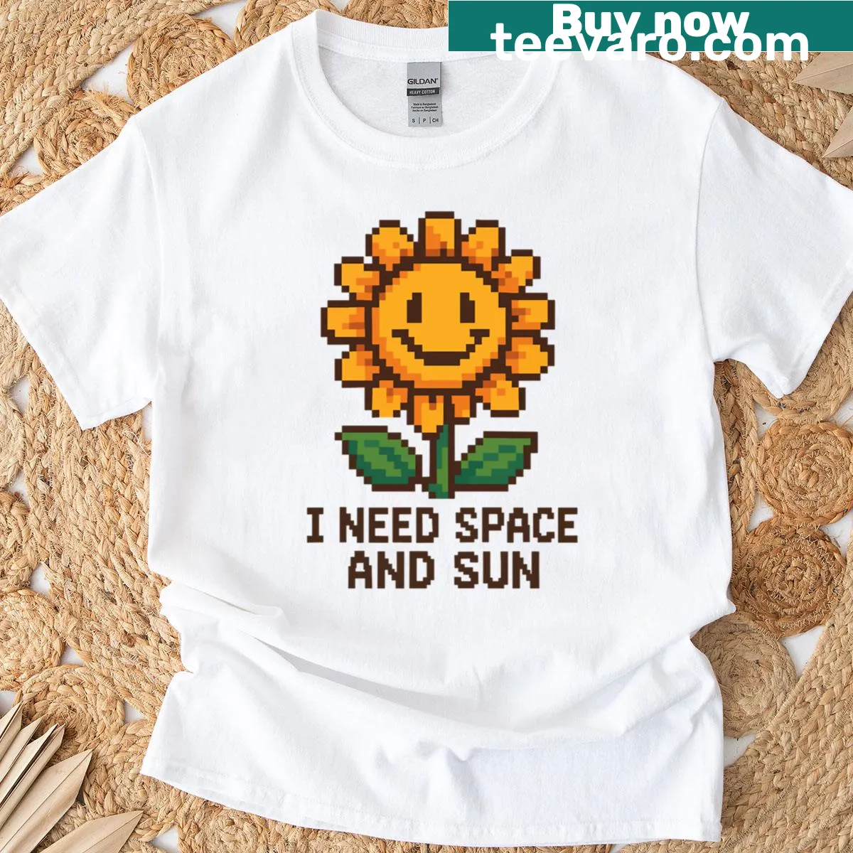 Illustrated T-shirt with a pixel sunflower and the phrase 'I Need Space And Sun' — on a men's t-shirt