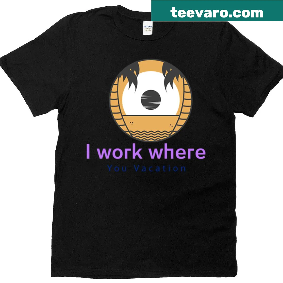 Text saying I Work Where You Vacation on a t-shirt — on a men's t-shirt
