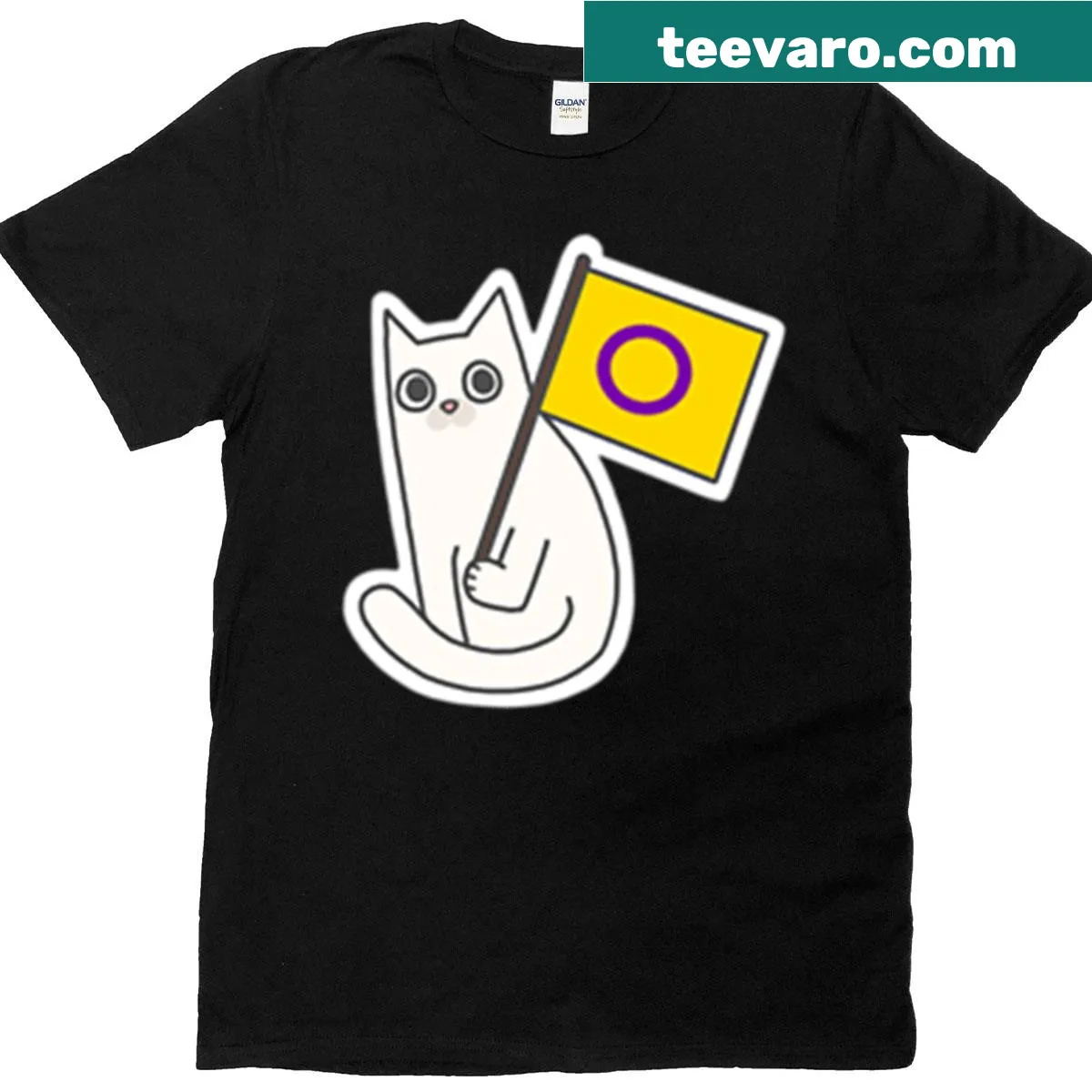 White cat with Intersex Pride Flag graphic on t-shirt — on a men's t-shirt