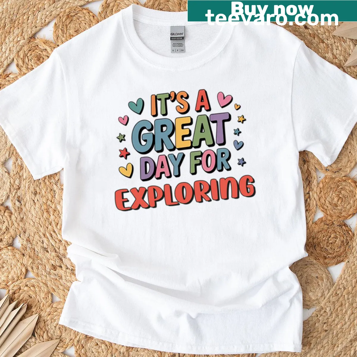 Fun typography t-shirt with 'It's A Great Day For Exploring' — on a men's t-shirt
