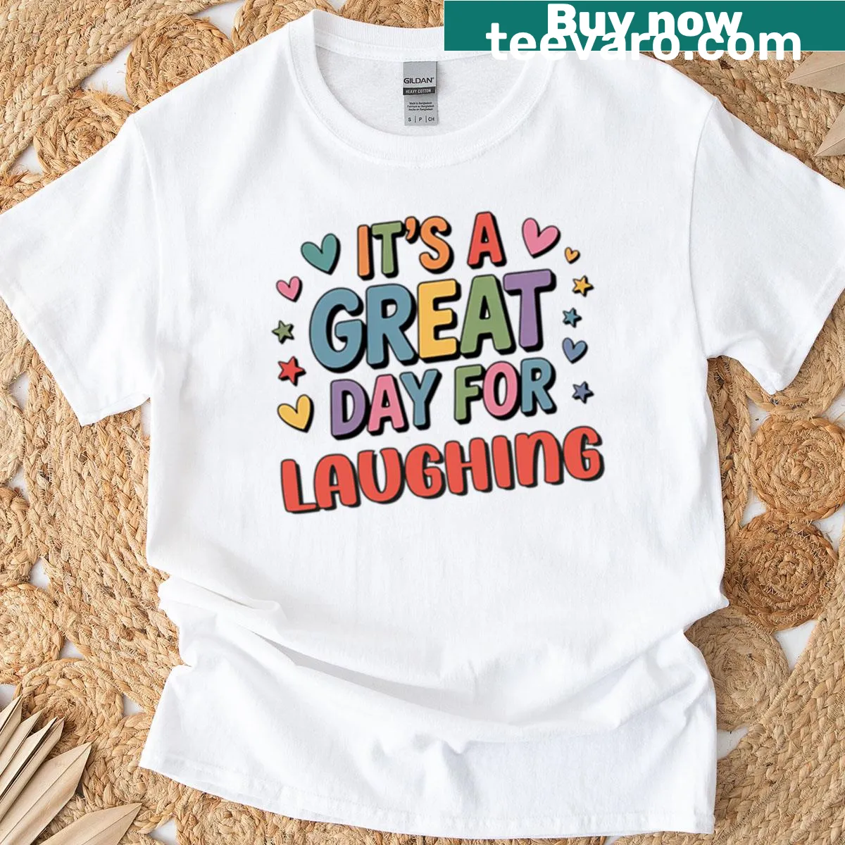 Bright t-shirt with the phrase 'It's A Great Day For Laughing' — on a men's t-shirt