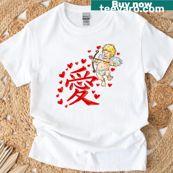 Japanese love kanji t-shirt with hearts and angel illustration